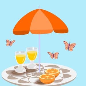 Summer umbrella patio scene with oranges, butterflies