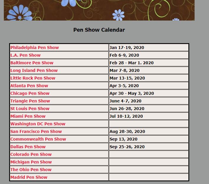 Fountain Pen Show Calendar 2020 at Five Star Pens Website