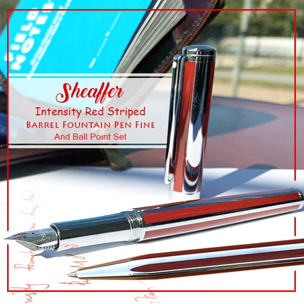 SHEAFFER INTENSITY RED STRIPED BARREL FOUNTAIN PEN F AND BALL POINT SET