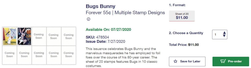 PreOrder Screen USPS Bugs Bunny Forever Stamps as of 7182020