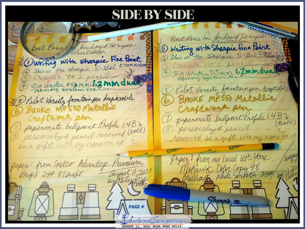 side by side view Best Pens test for AnchoredScraps Printables